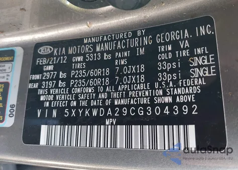 2012 Kia Sorento Sx V6 из США, поврежденный, VIN 5XYKWDA29CG304392